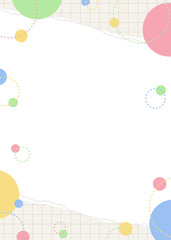 破れた方眼用紙と円形オブジェクトのフレーム、ポップなデザイン、縦向き