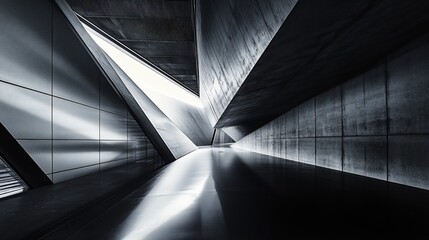 Black and white abstract angular design featuring geometric shapes and shadows creating a modern and artistic look