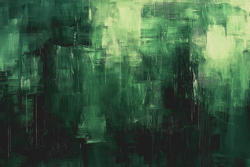 Abstract green painting with textured brush strokes and layered colors on canvas background