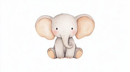 Cute cartoon elephant sitting with a gentle expression against a soft white background