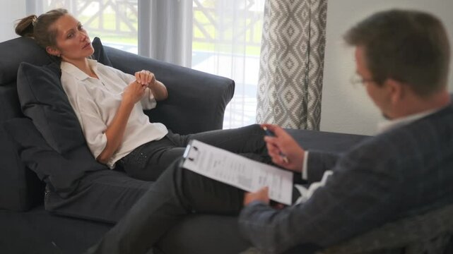 Psychotherapy session. A psychotherapist consults with a young female patient on a couch, noting signs of burnout and apathy. The doctor documents her condition for diagnosis and treatment planning.