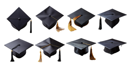 Black Graduation Caps Displayed in Various Angles and Styles, isolated on transparent background