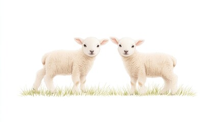 Two adorable lambs standing on green grass, set against a plain white background