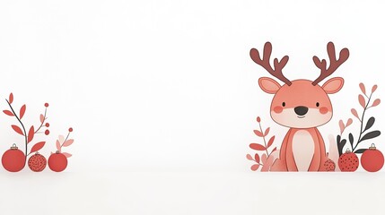 Cute cartoon deer with antlers surrounded by festive decorations on a white background