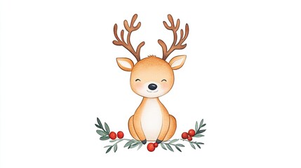 Cute cartoon deer with antlers sitting among holly berries, cheerful expression, festive background