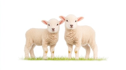 Two adorable lambs standing on green grass, showcasing their fluffy wool in a bright setting