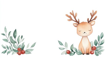 Cute cartoon deer sitting peacefully among green leaves and red berries in a whimsical design