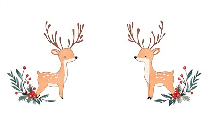 Two adorable cartoon deer with antlers surrounded by festive foliage and berries