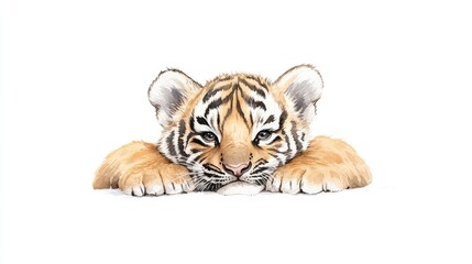 Playful tiger cub resting with paws stretched, showcasing its playful nature in a serene setting