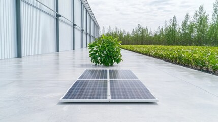 Solar panel near factory, green plant, sustainable energy