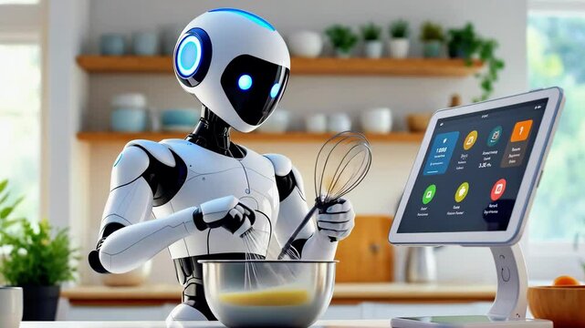 A futuristic robot chef skillfully mixing ingredients in a modern kitchen with a digital display