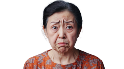 Senior woman expressing disappointment with frowning face on transparent background