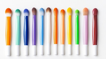 A vibrant array of makeup brushes arranged in a colorful line on a clean background