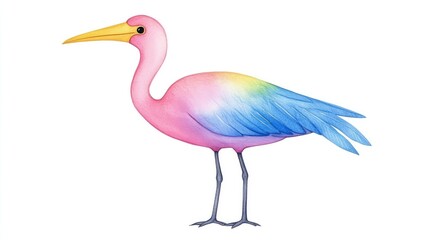 Colorful illustration of a pink and blue bird standing gracefully on a white background
