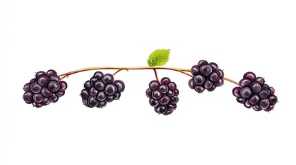 A cluster of ripe blackberries on a vine, showcasing vibrant colors against a white background
