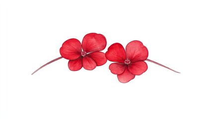 Two vibrant red flowers with delicate petals arranged symmetrically on a white background