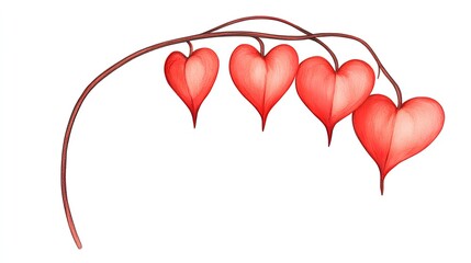 Delicate illustration of four red heart-shaped flowers on a slender stem with a white background
