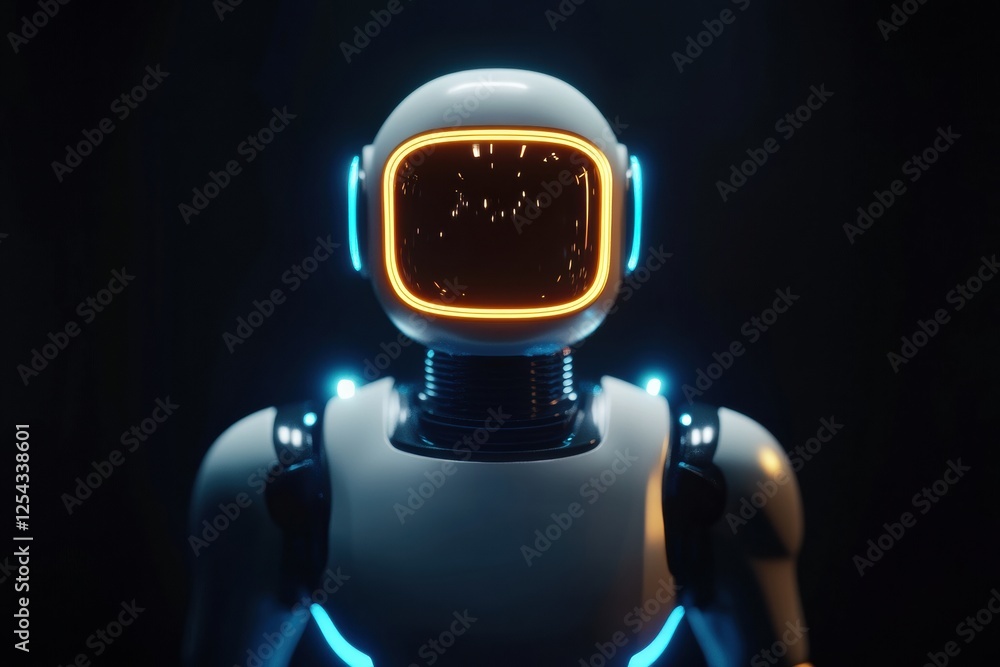 Aufkleber Humanoid robot with glowing features stands tall in dark studio setting showcasing futuristic design and technology. Generative AI