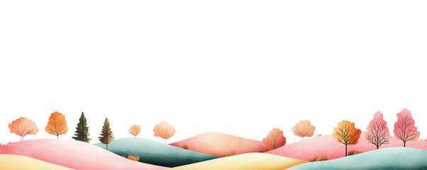 Serene Colorful Landscape with Flowing Hills and Autumn Trees