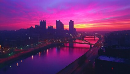 Fototapeta premium Pittsburgh Skyline at Sunrise: Vibrant Colors Over the Cityscape