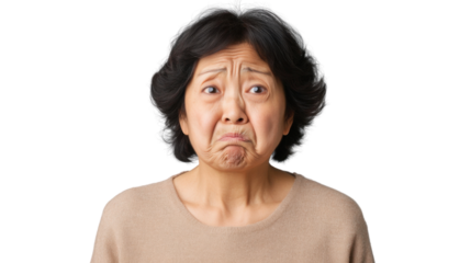Sad senior woman making a grimace on transparent background
