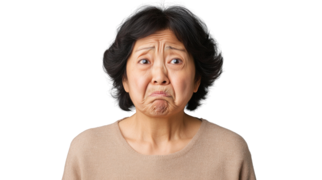 Sad senior woman making a grimace on transparent background