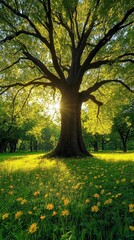 Large Tree In A Meadow With Yellow Flowers Under Sunlight
