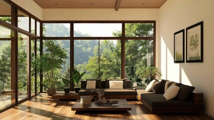Fototapeta premium Serene Modern Living Room with Panoramic Mountain Views