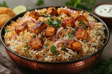 Fototapeta premium A vibrant photograph of a traditional Indian biryani served in a copper pot, with fragrant basmati rice, tender pieces of chicken, and a blend of aromatic spices. 