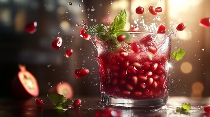 Pomegranate seeds and juice burst from a glass, creating a vibrant and dynamic display of color and texture