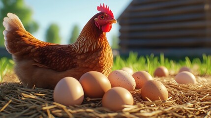 Chicken Sitting on Nest with Fresh Eggs in Farmyard, Natural Light and Outdoor Setting