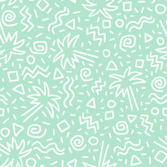 SEAMLESS HAND DRAWN DOODLE SQUIGGLE GEOMETRIC PALM TREE TROPICAL FLORAL PATTERN SWATCH