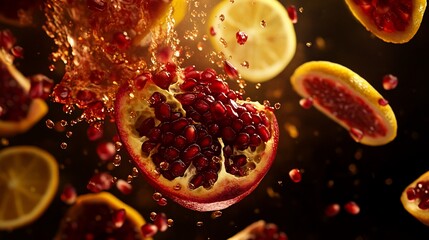 A dynamic splash of pomegranate juice and seeds in mid-air with lemon slices