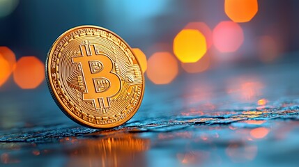 Bitcoin logo closeup on gold coins digital finance urban setting