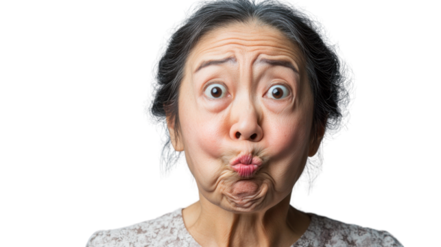 Senior chinese woman making funny face with transparent background