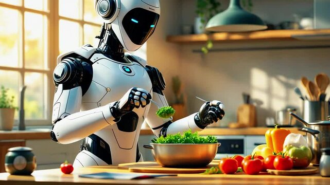 Futuristic robot chef preparing a fresh salad in a modern kitchen filled with colorful vegetables