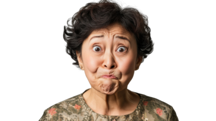 Senior woman making funny face with inflated cheeks and transparent background