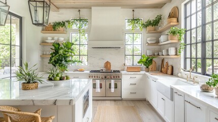 Fototapeta premium Bright and Airy Farmhouse Kitchen with Abundant Natural Light and Greenery