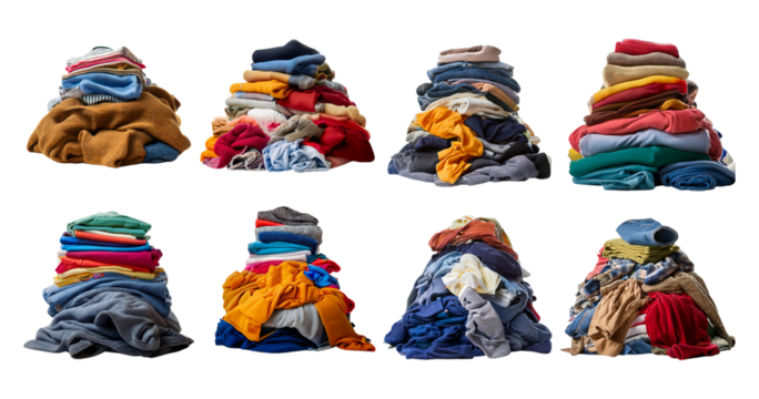 Colorful Piles of Used Clothes in Various Textures and Fabrics, isolated on transparent background
