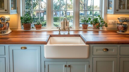 Rustic Farmhouse Kitchen with Butternut Countertop and Apron-Front Sink