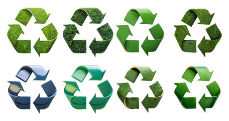 Obraz premium Diverse Recycle Symbols Representing Eco-Friendly Practices and Nature, isolated on transparent background