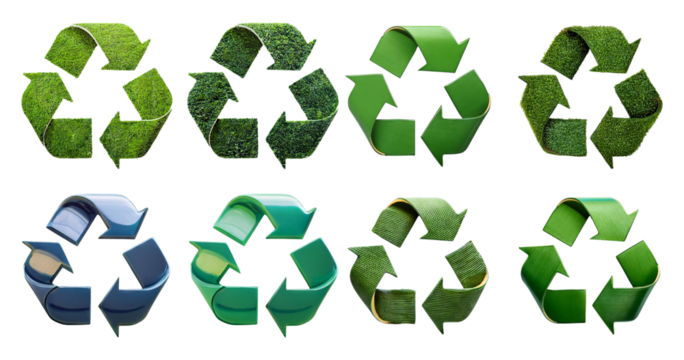 Diverse Recycle Symbols Representing Eco-Friendly Practices and Nature, isolated on transparent background
