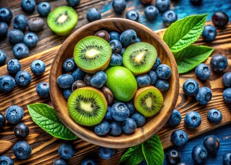 Fresh kiwi and blueberry bowl: vibrant, healthy, vegan. Flat lay photography showcases nature's sweetness.