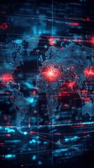 Digital representation of a world map showcasing areas of conflict marked by red warning symbols