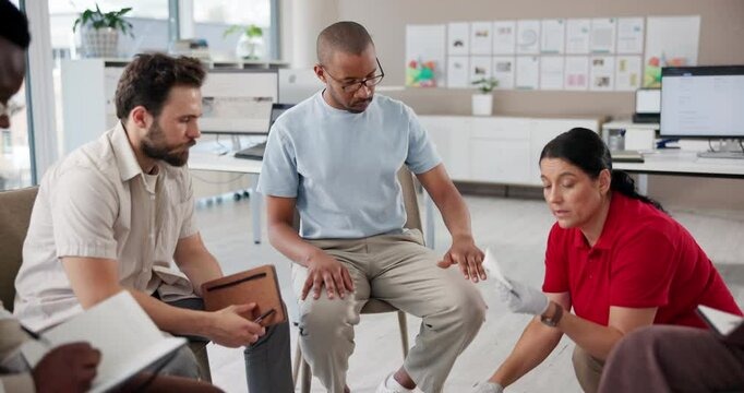 Paramedic, talking and lesson for first aid training or emergency healthcare practice at office. People, trainer or teaching group with bandage for wound, life saving technique or rescue practical