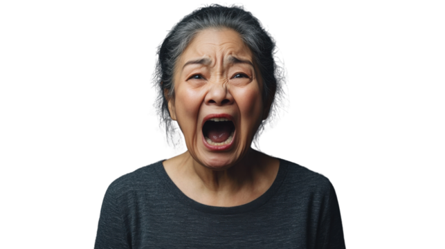 Angry senior woman shouting with transparent background