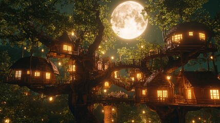 Obraz premium Enchanted Night Scene of a Village in a Tree Under a Full Moon