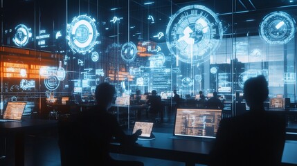 A busy office environment with employees working on glowing tablets and computer screens