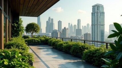 Fototapeta premium Modern rooftop garden with green walls, manicured lawn, and city skyline view 