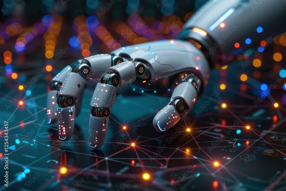 Poster ai, machine learning, hands of robot and human touching on big data network connection background
